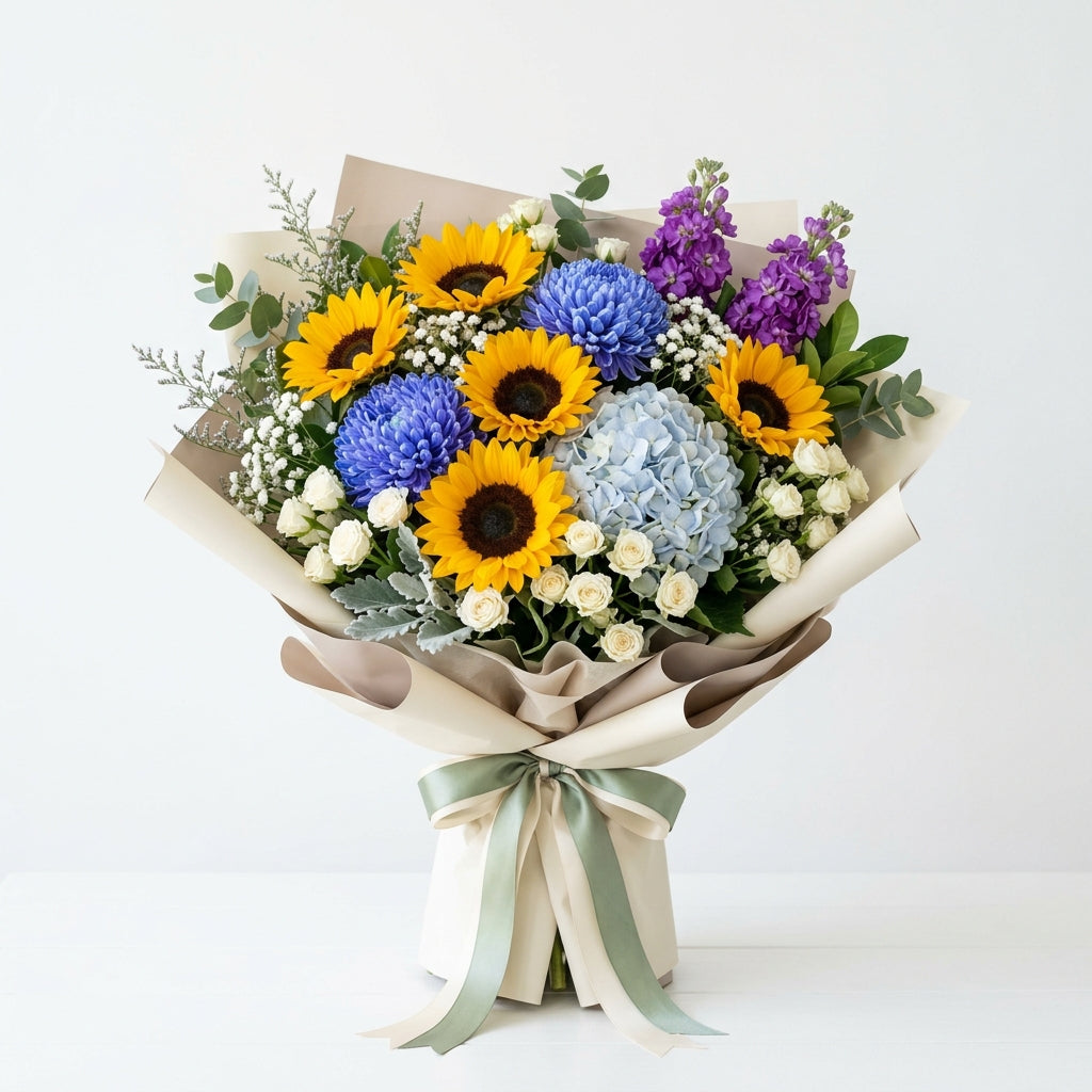Father’s Day Sunflowers & Blue Hydrangea Celebration Bouquet