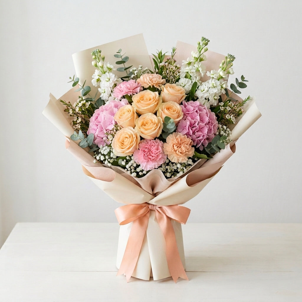 Eid Al Fitr Peach Roses & Hydrangeas Luxury Bouquet