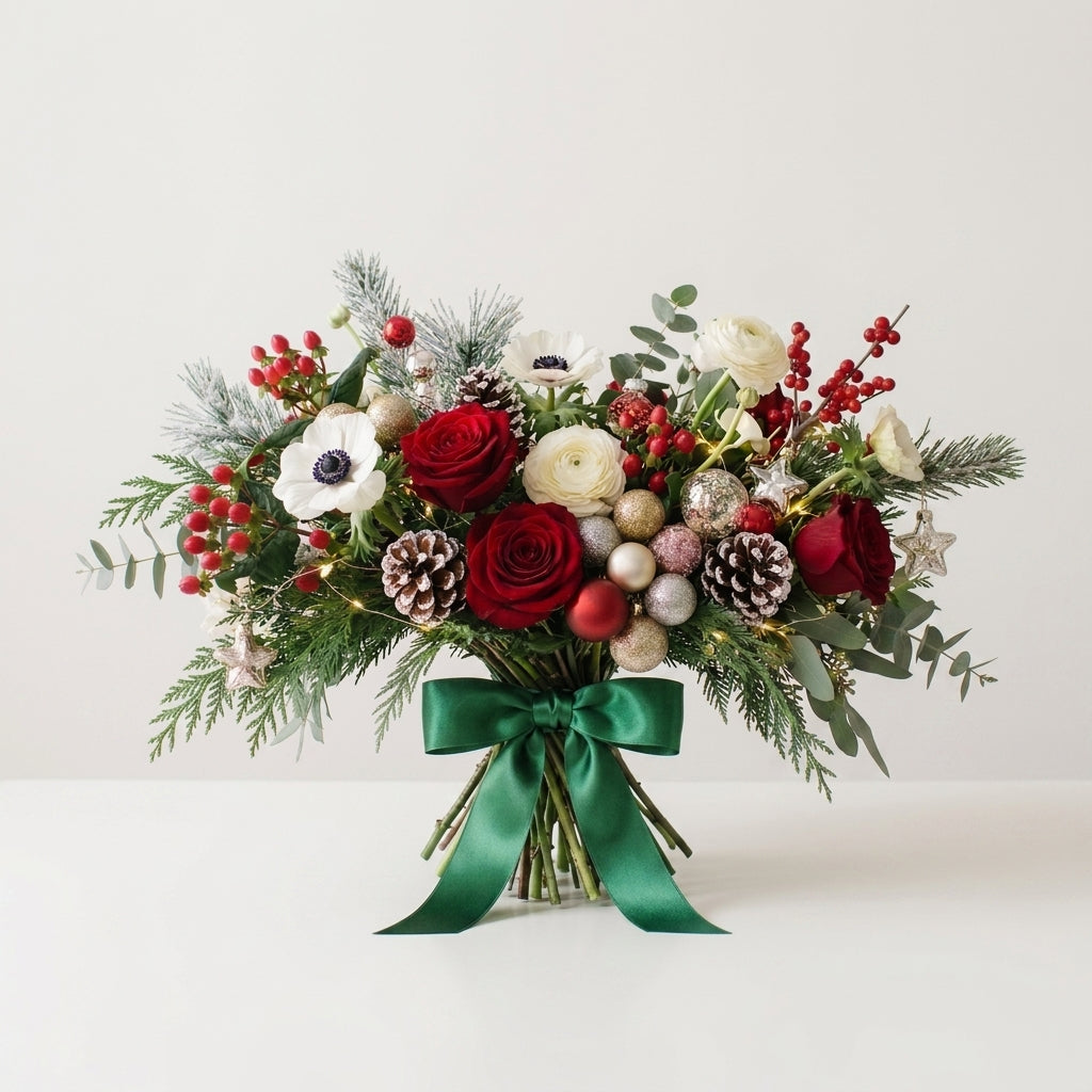 Graceful Christmas White Anemones & Red Rose Floral Arrangement