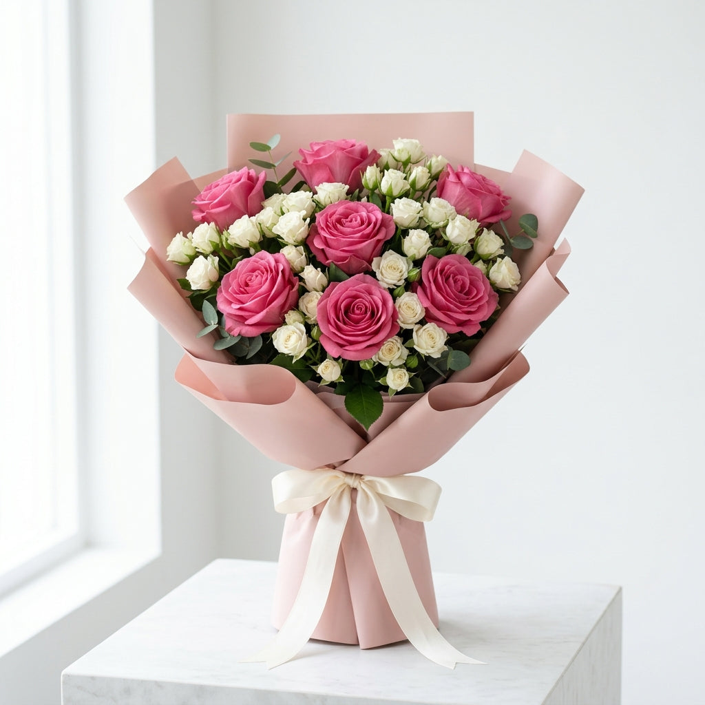 Elegant Pink Roses & White Baby Roses Apology Bouquet