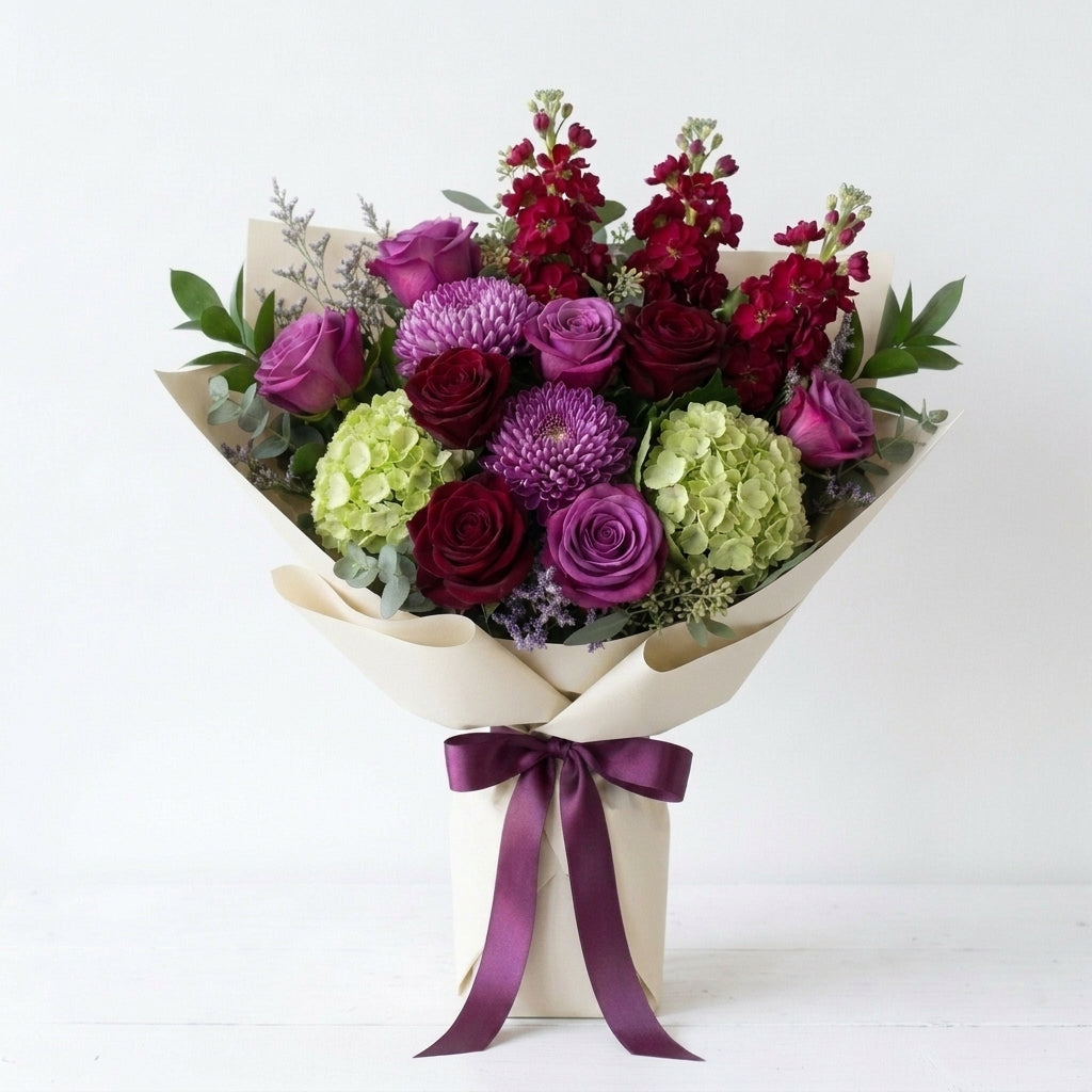 Teacher’s Day Red & Purple Roses with Hydrangea Floral Tribute Bouquet