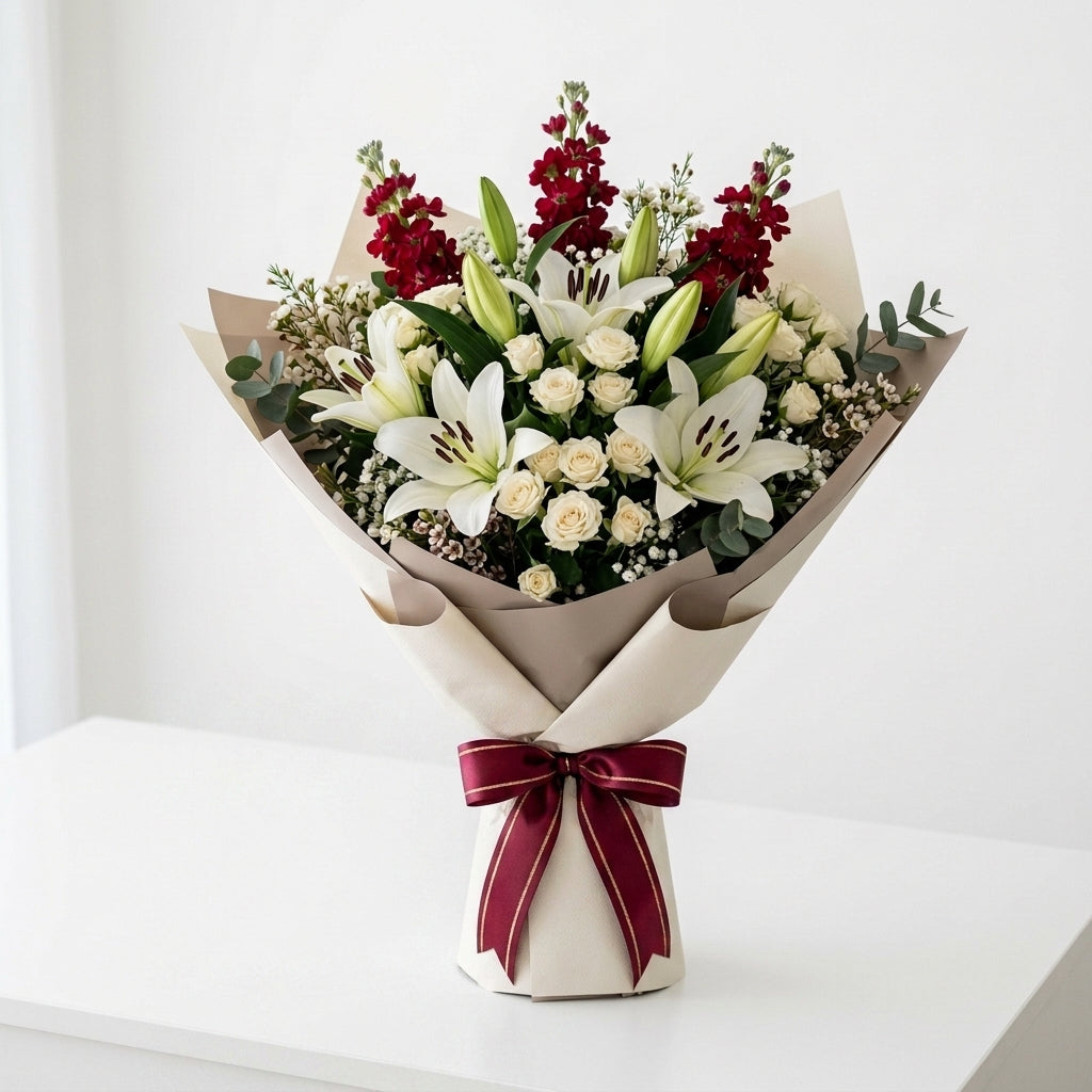 Hajj Mubarak White Lilies & Baby Roses Bouquet