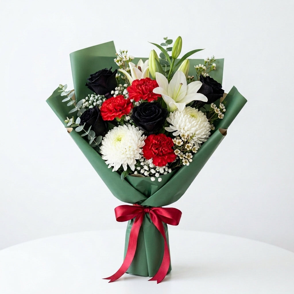 Magnificent UAE National Day Black Rose & White Lily Bouquet