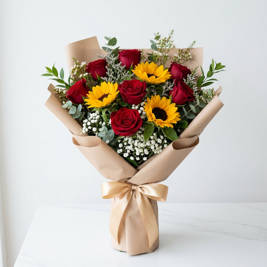 Miss You Bouquet with Red Roses & Sunflowers