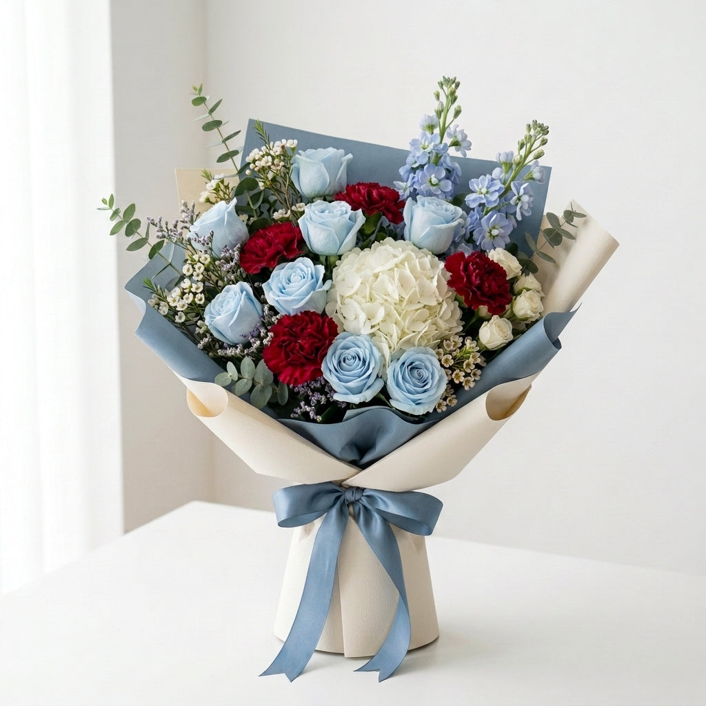 Blue Rose & White Hydrangea Miss You Bouquet