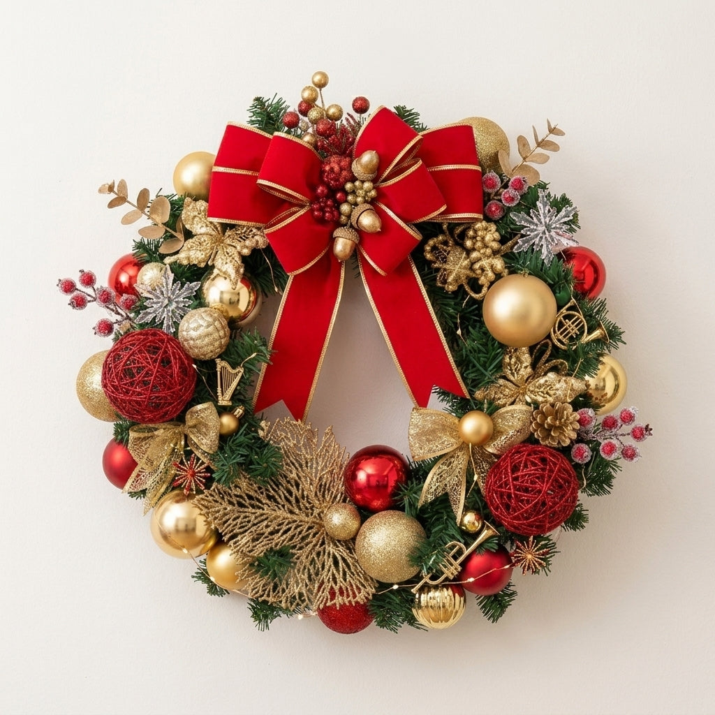 Classic Christmas Door Wreath with Red Bow & Gold Ornaments