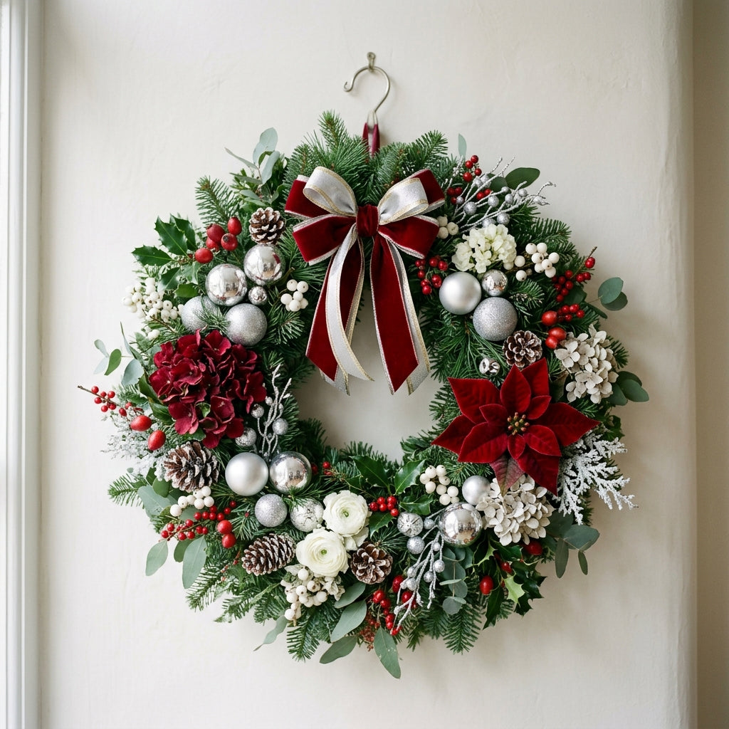 Luxurious Christmas Decorative Wreath with Silver Baubles & Flowers