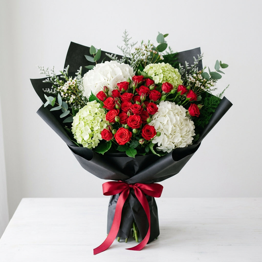 Elegant UAE National Day White & Green Hydrangeas with Red Baby Roses Bouquet