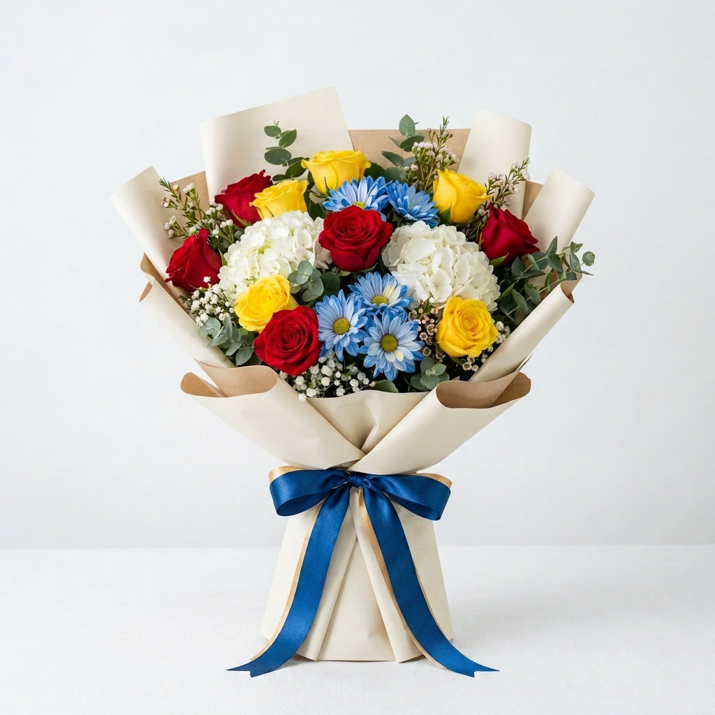 Corporate Red & Yellow Roses with Blue Chrysanthemum Bouquet