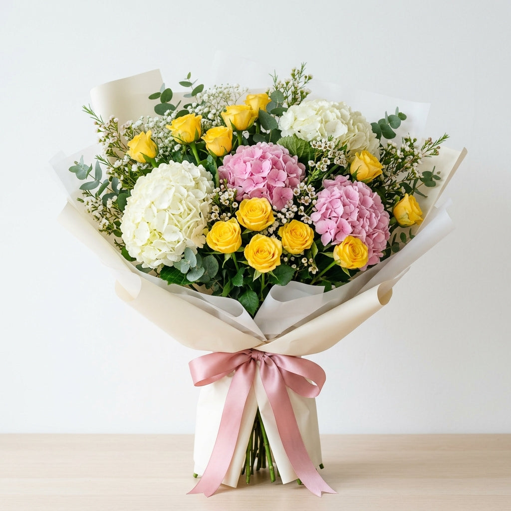 Housewarming Yellow Roses & Hydrangea Bouquet