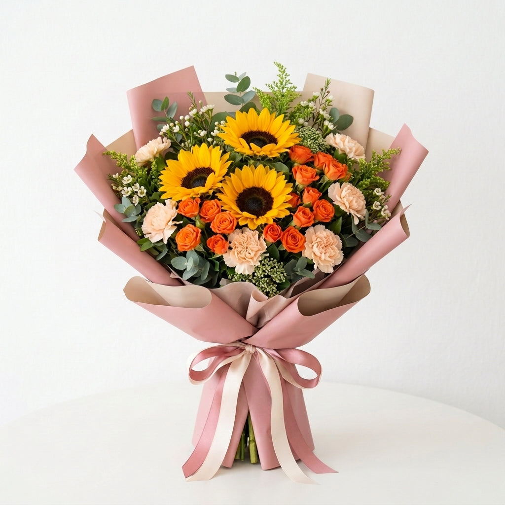 Teacher’s Day Sunflowers, Peach Carnations & Orange Roses Bouquet