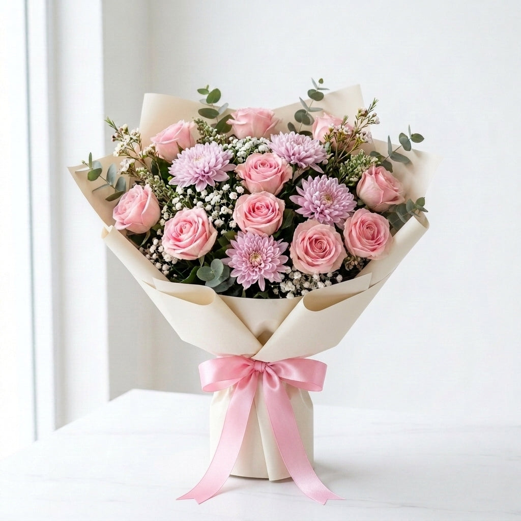 Soft Pink Rose & Chrysanthemum Miss You Bouquet