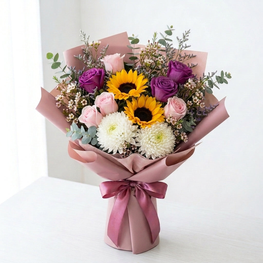 Women's Day Pink & Purple Roses with Sunflowers Bouquet