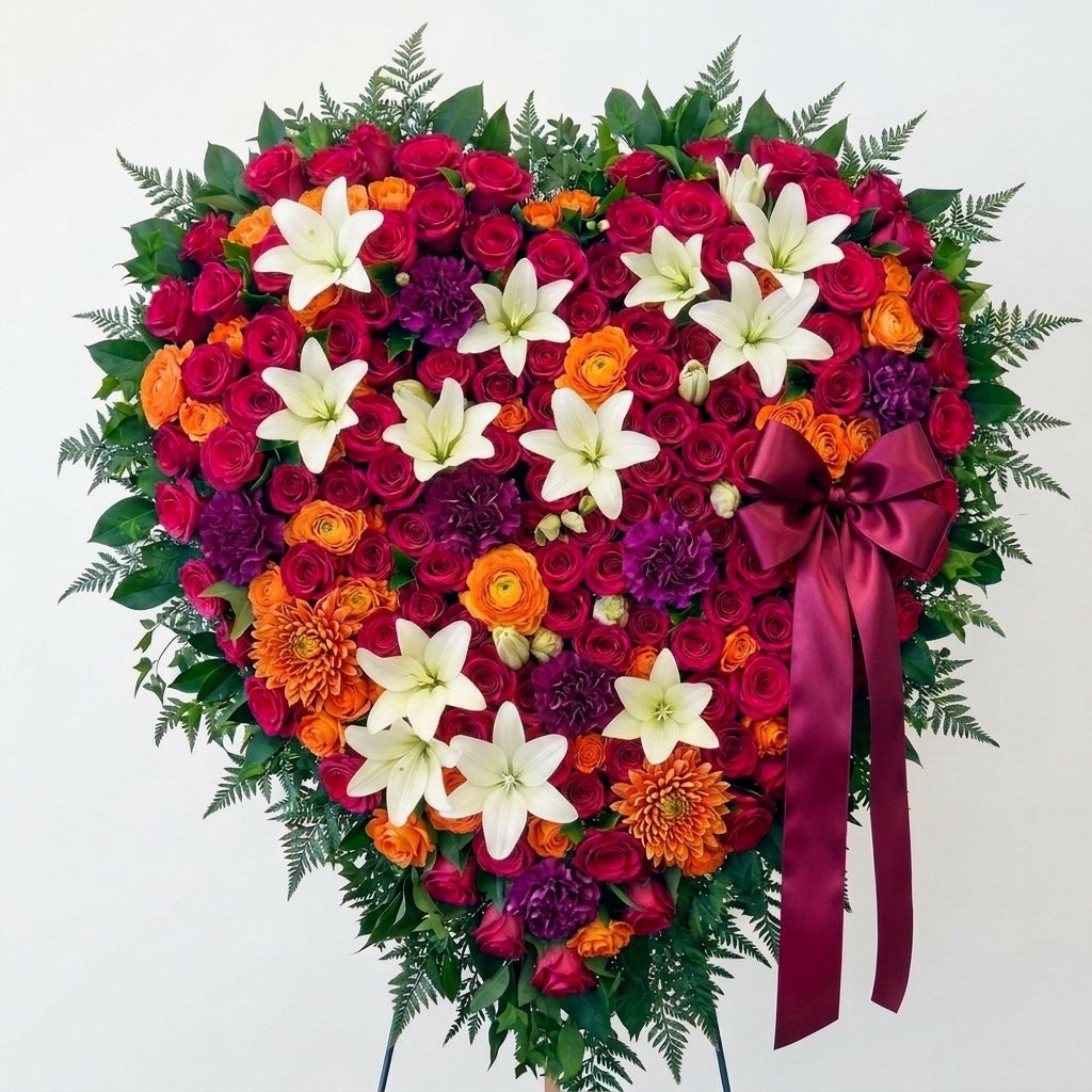 Heart-Shaped Funeral Tribute with Roses, Lilies & Dahlias