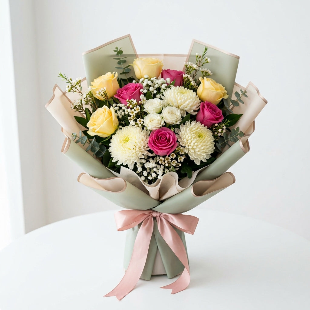 Housewarming Mixed Roses & White Matthiola Bouquet