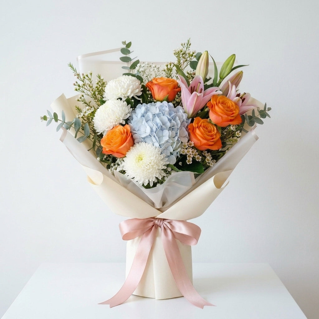 Women's Day Orange Roses & Pink Lilies with Blue Hydrangea Bouquet