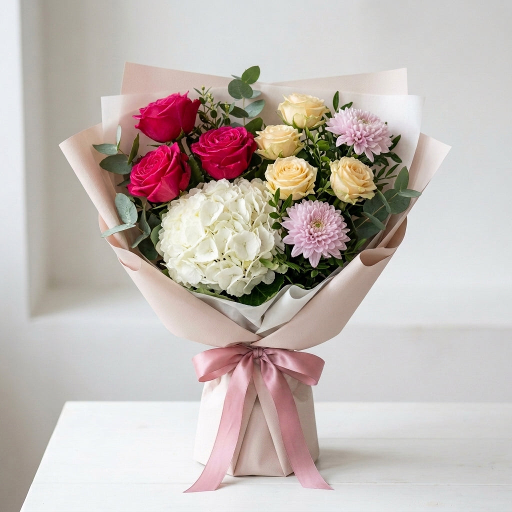 Women's Day Pink & Yellow Roses with White Hydrangea Bouquet