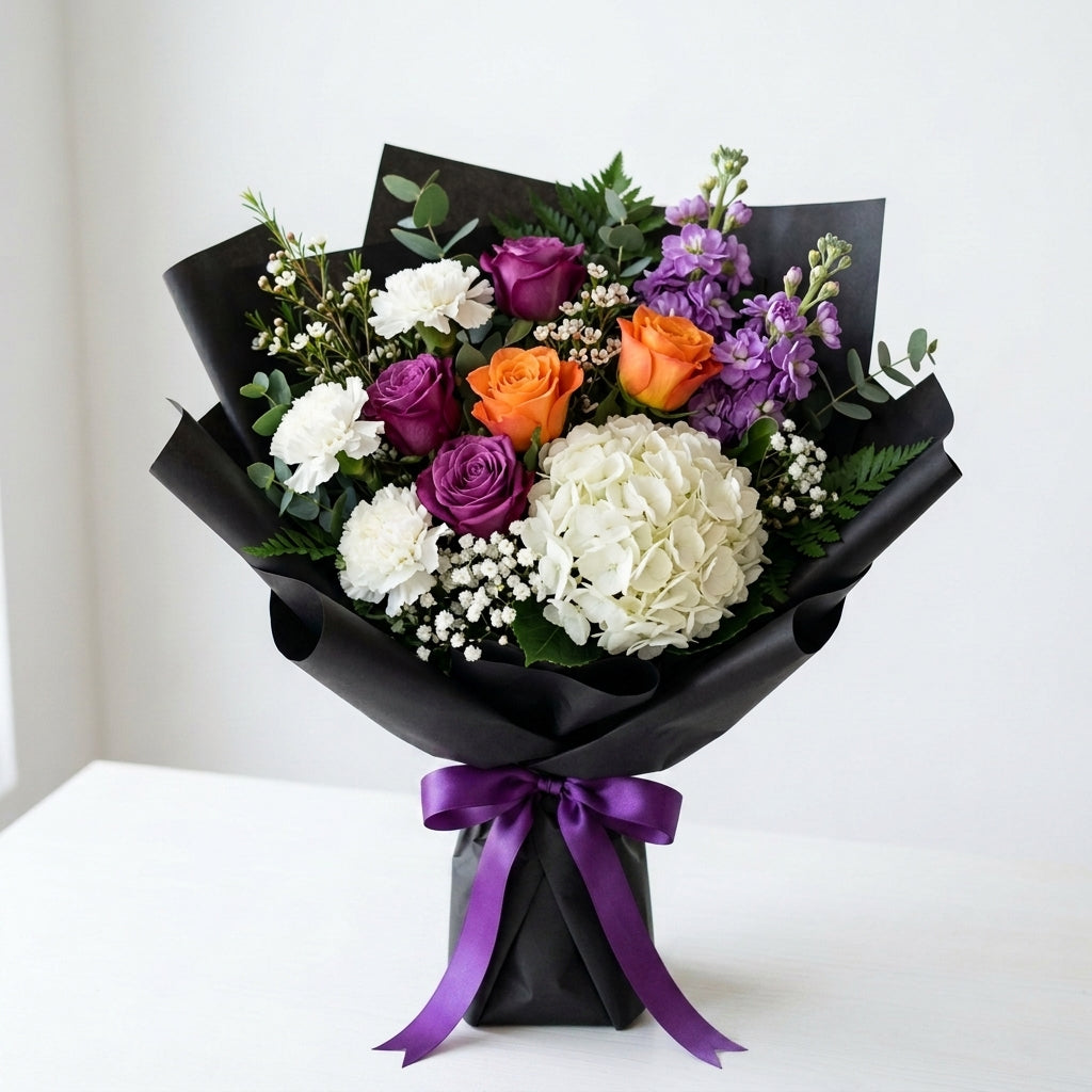 Graduation Purple & Orange Roses with Hydrangea Bouquet