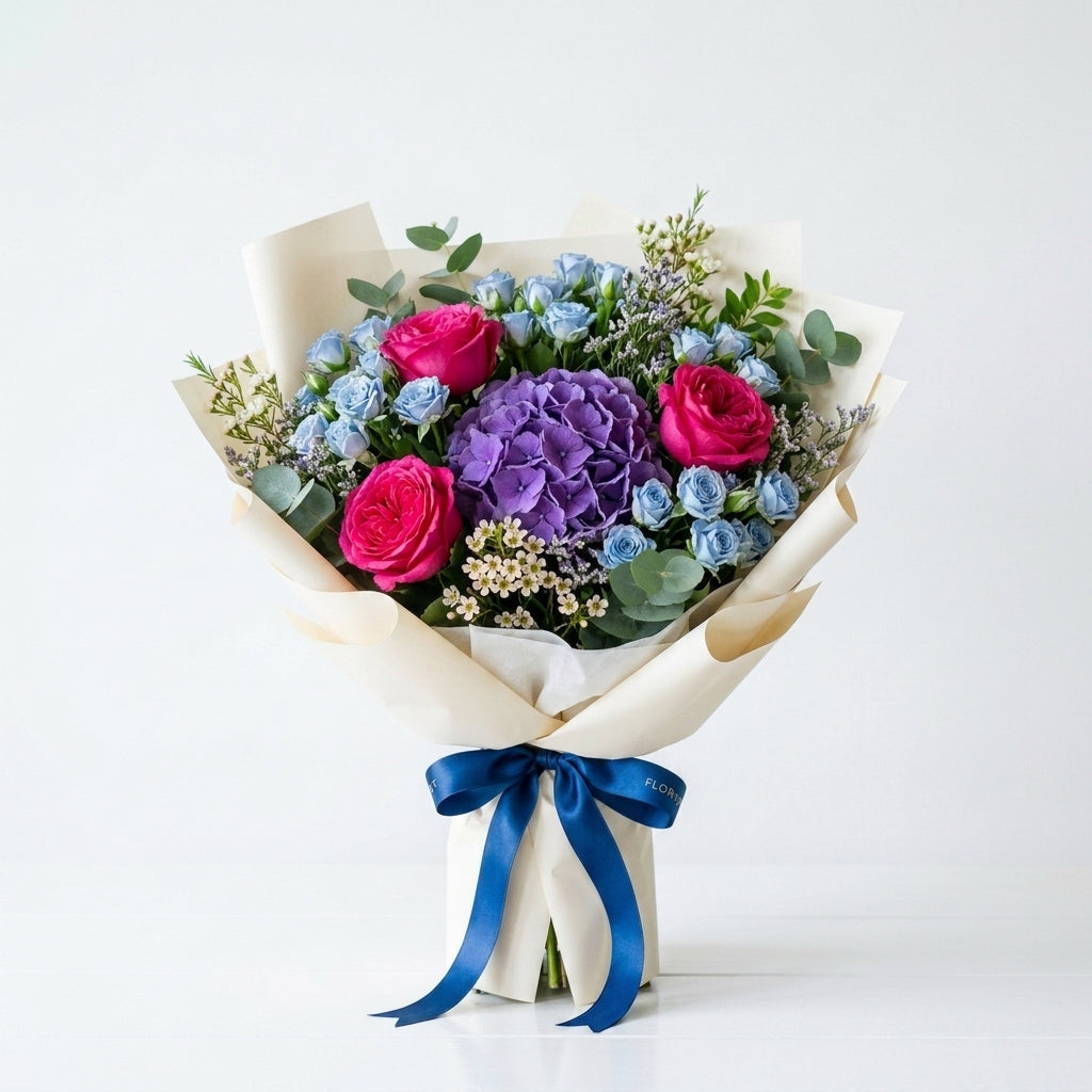 Father’s Day Pink Roses & Blue Baby Roses Elegant Bouquet