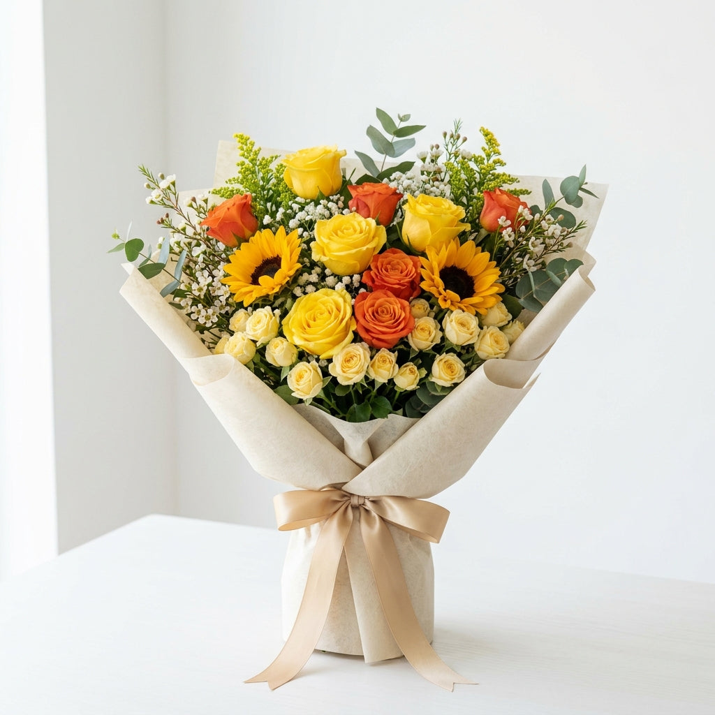 Golden Diwali Yellow Roses & Sunflower Flower Bouquet
