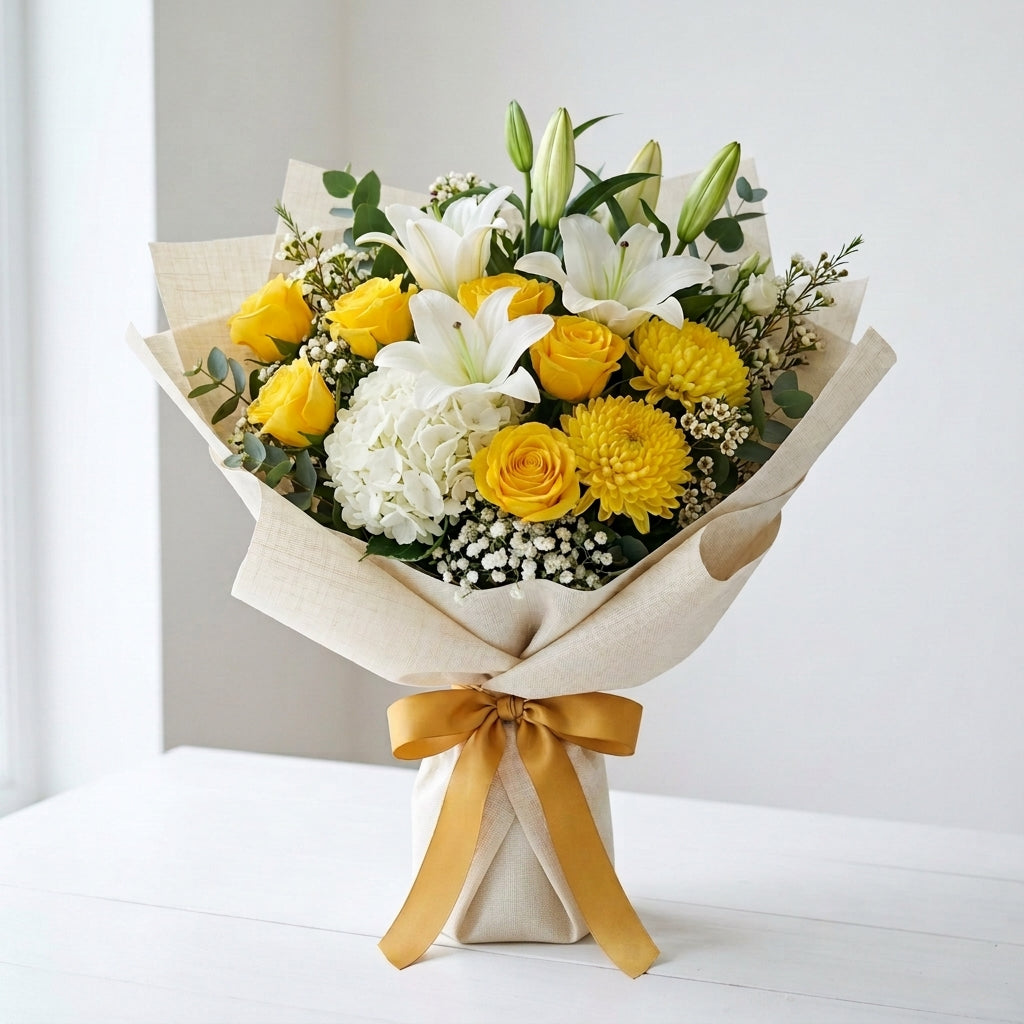 Elegant Diwali White Hydrangea, Yellow Roses & Lily Floral Arrangement