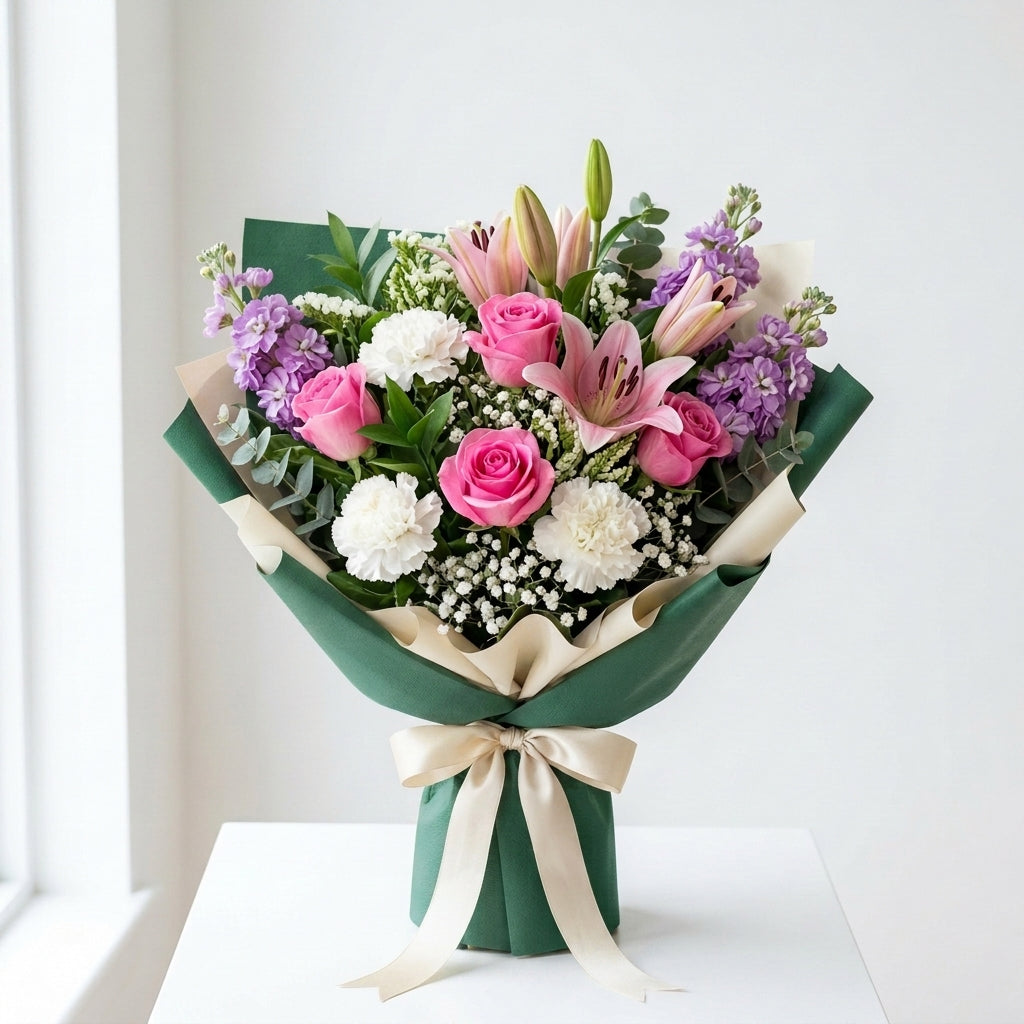 Women's Day Pink Roses, Lilies & Purple Matthiola Floral Bouquet