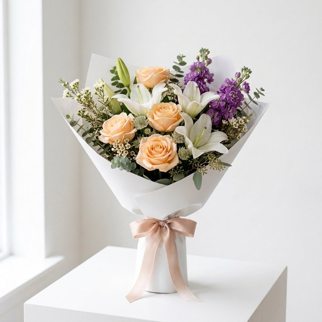 Peach Roses, White Lilies & Matthiola Sorry Bouquet