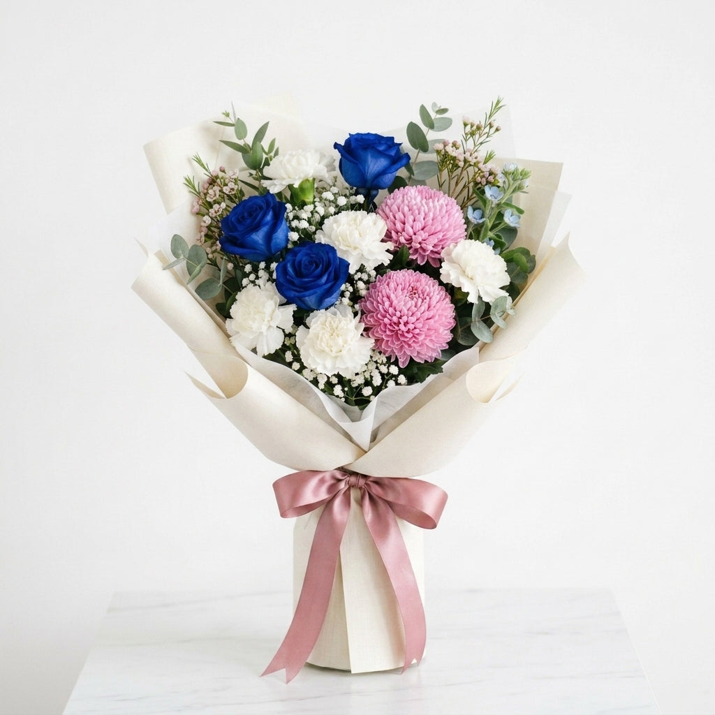 Serene Islamic New Year Blue Roses, White Carnations & Pink Chrysanthemums Bouquet