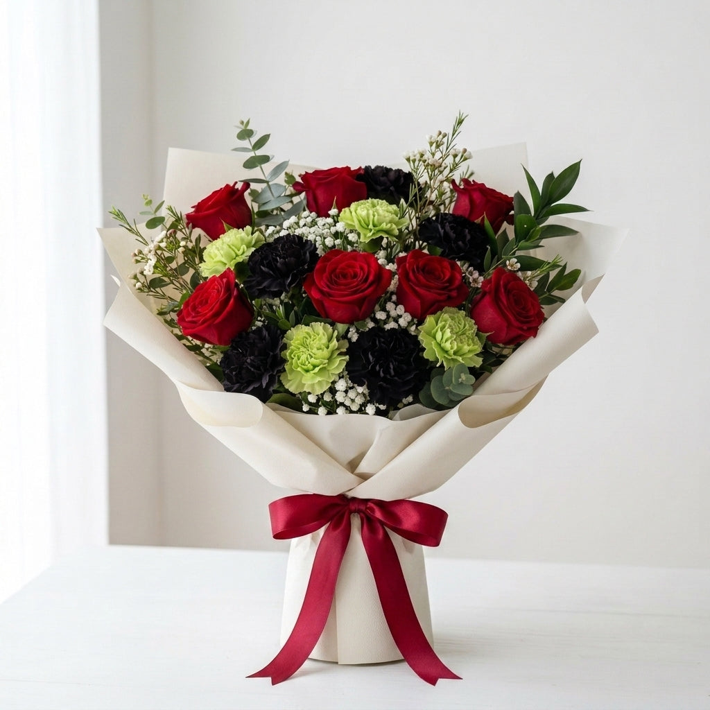 Patriotic UAE National Day Red Roses & Black Green Carnations Bouquet