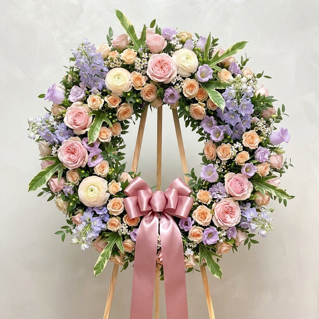 Pastel Sympathy Wreath with Peach Roses & Garden Roses