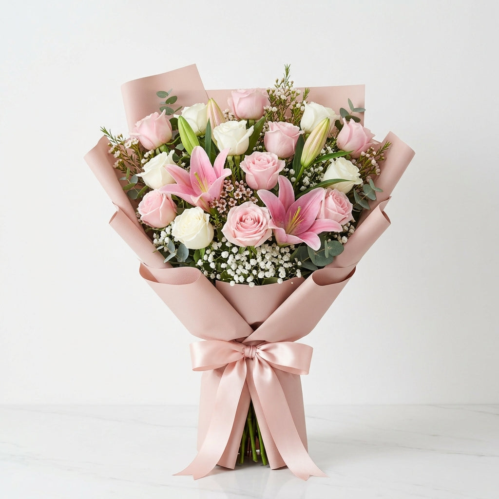 Housewarming Pink & White Roses with Lily Bouquet