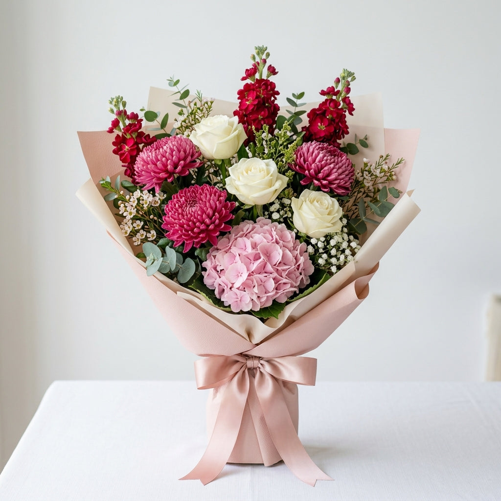 Women’s Day White Roses, Pink Hydrangea & Red Matthiola Bouquet