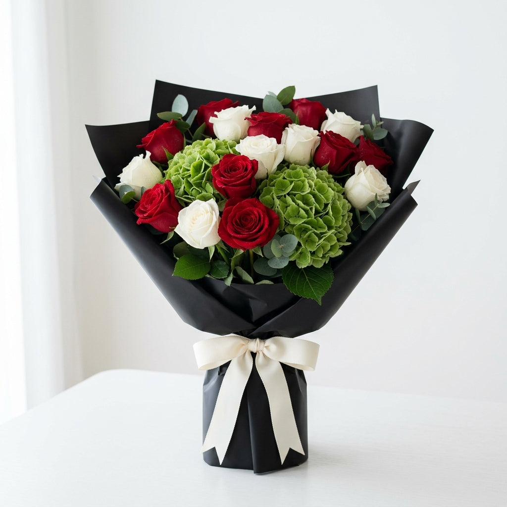 Majestic UAE National Day White & Red Roses Floral Arrangement with Hydrangeas