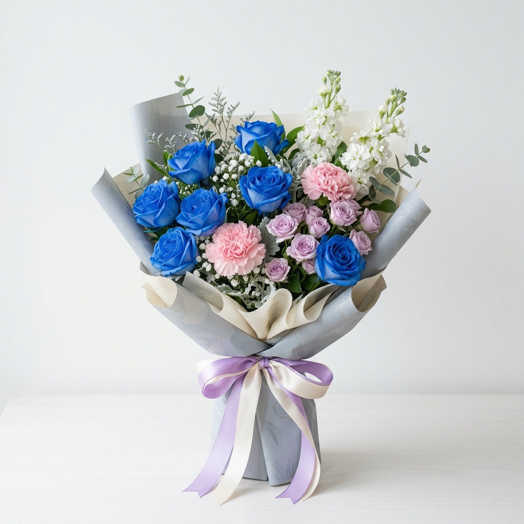 Housewarming Blue Roses & Purple Baby Roses Bouquet