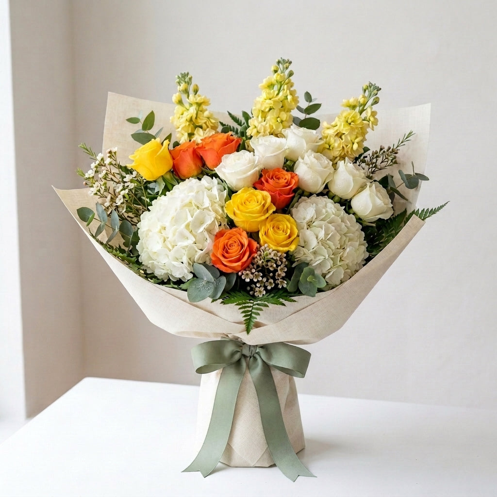 Elegant Diwali White, Orange & Yellow Roses with Hydrangeas Bouquet