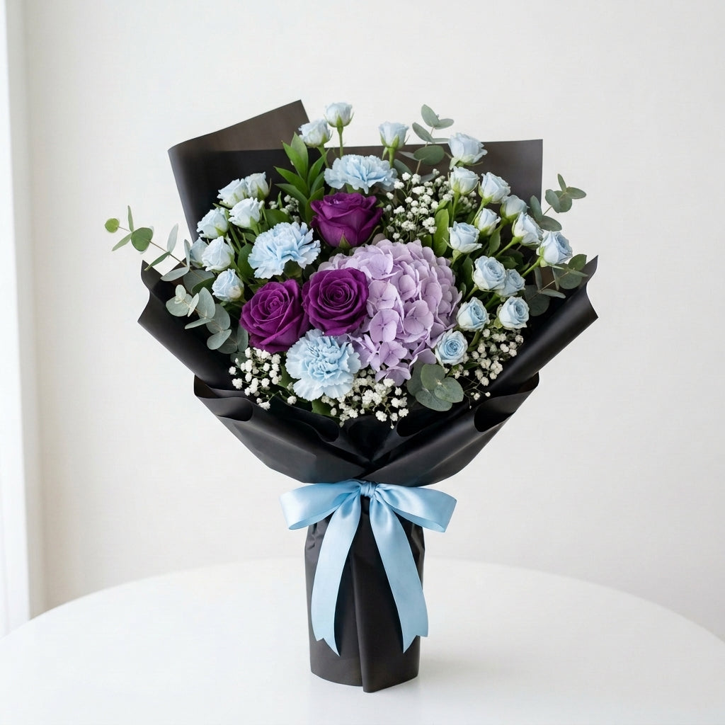 Graduation Purple Roses & Blue Baby Roses Achievement Bouquet
