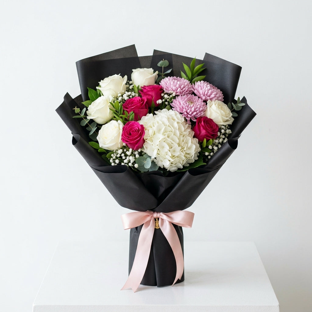 Graduation Pink & White Roses with Hydrangea Celebration Bouquet