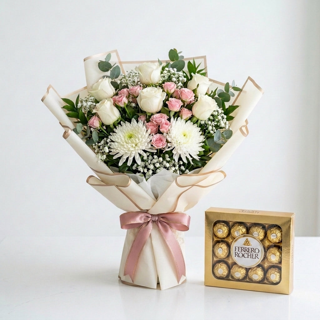 Hajj Mubarak White Roses & Pink Baby Roses Gift Bouquet with Chocolates