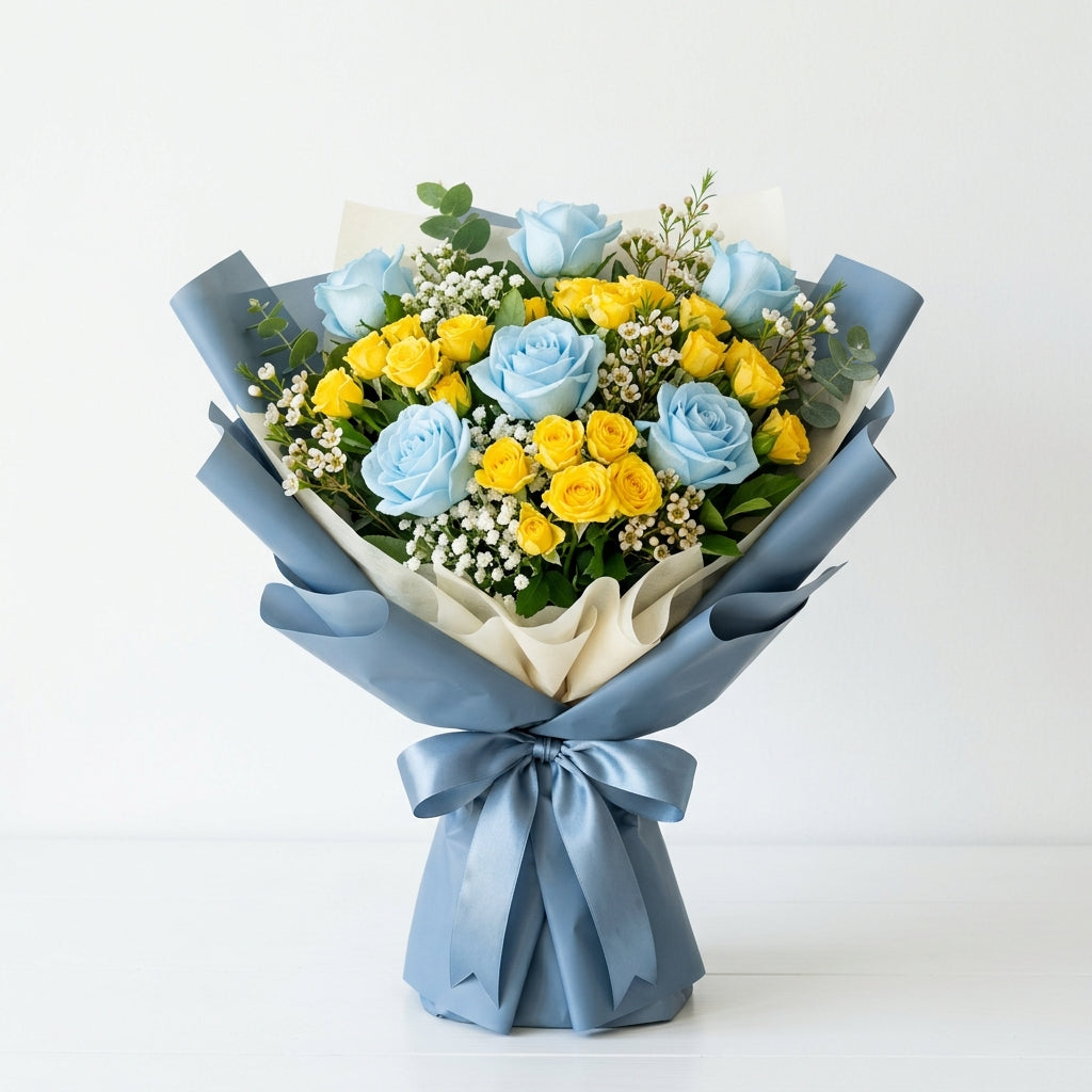 Father’s Day Blue Roses & Yellow Baby Roses Appreciation Bouquet