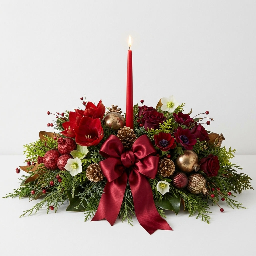 Radiant Christmas Floral Arrangement with Red Taper Candle