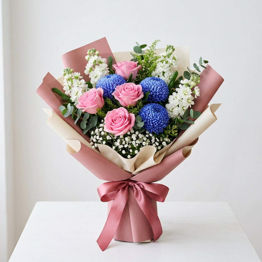 Women's Day Pink Roses & Blue Chrysanthemum Elegant Bouquet