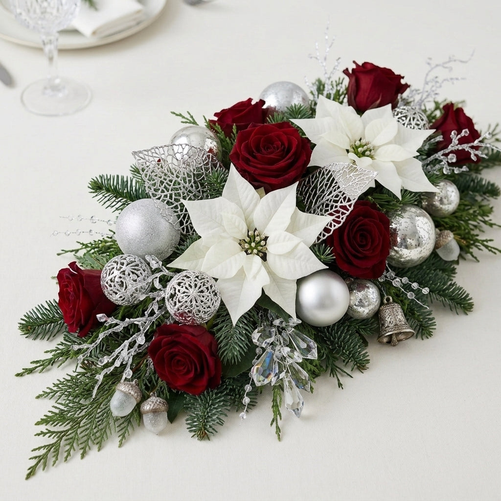 Festive Christmas Red Roses & White Poinsettia Table Centerpiece