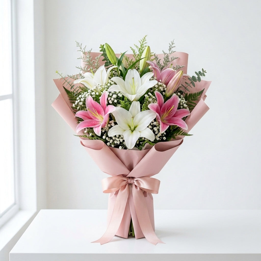 Elegant Pink & White Lily Sorry Bouquet