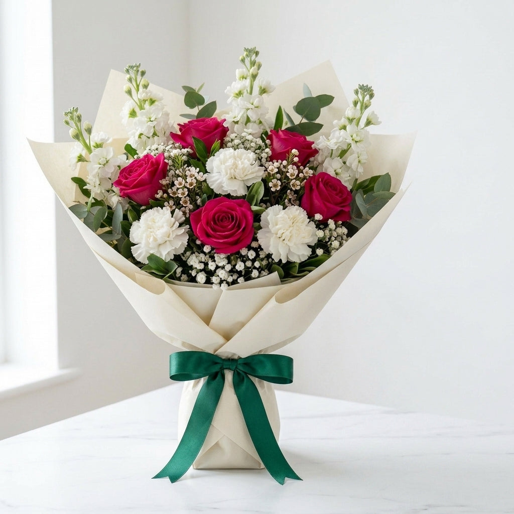 Hajj Mubarak Pink Roses, White Carnations & Matthiola Bouquet