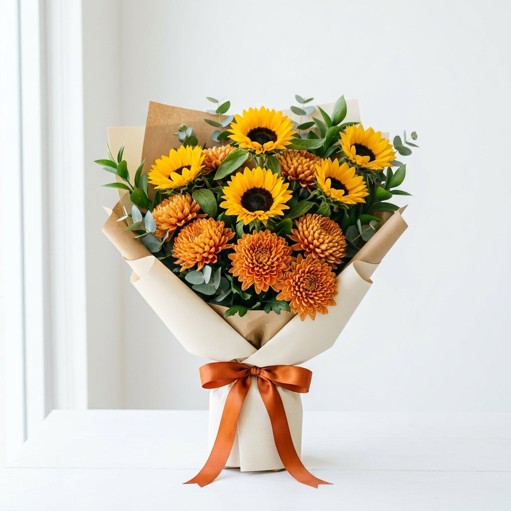 Spooky Halloween Sunflowers & Orange Chrysanthemum Flower Bouquet