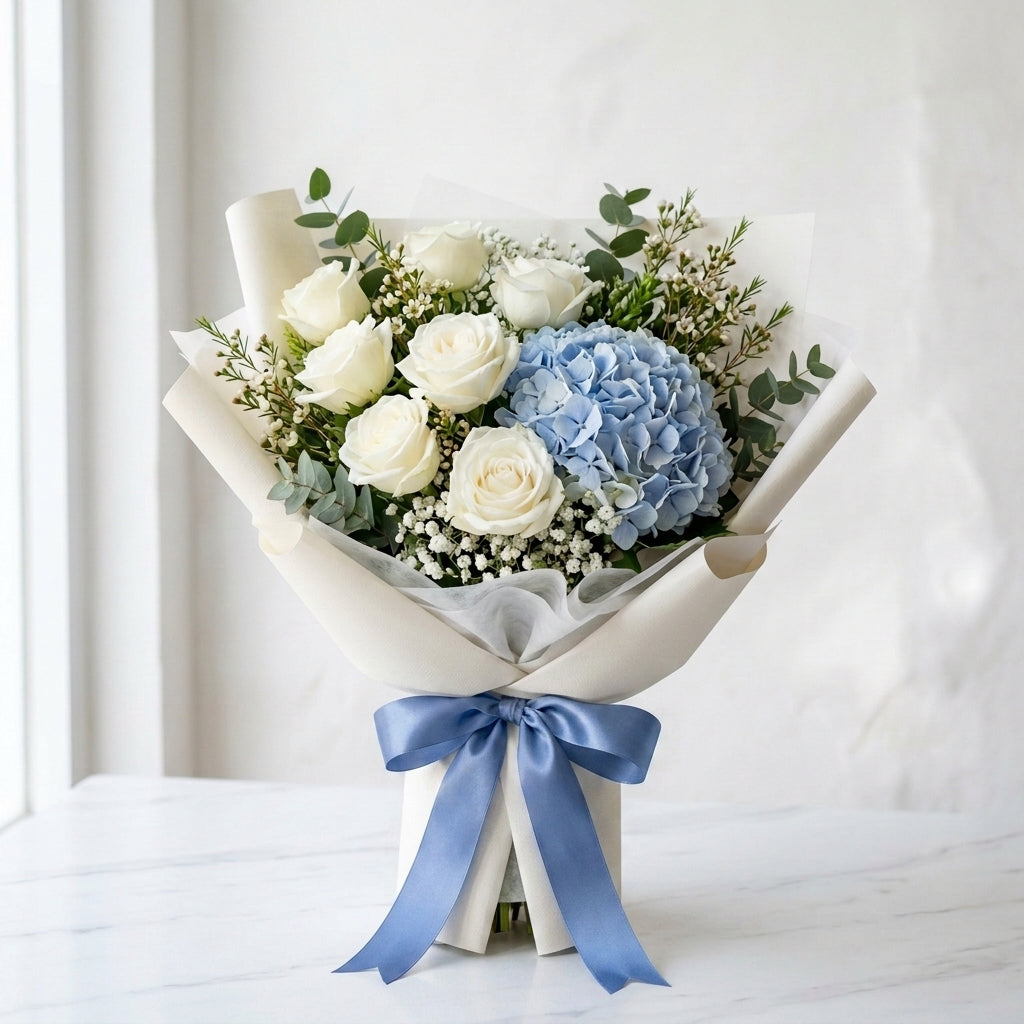 Father’s Day White Roses & Blue Hydrangea Elegance Bouquet
