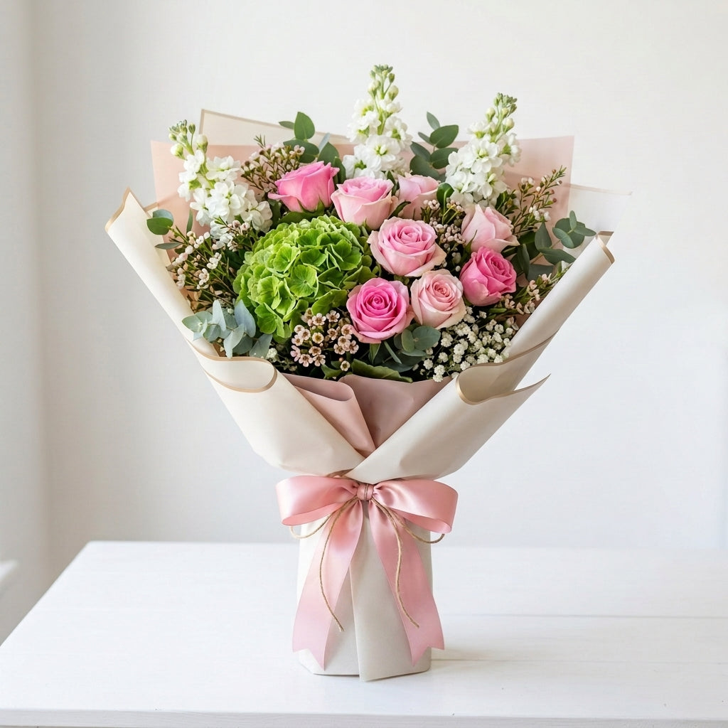 Women’s Day Pink Roses & Green Hydrangea Bouquet