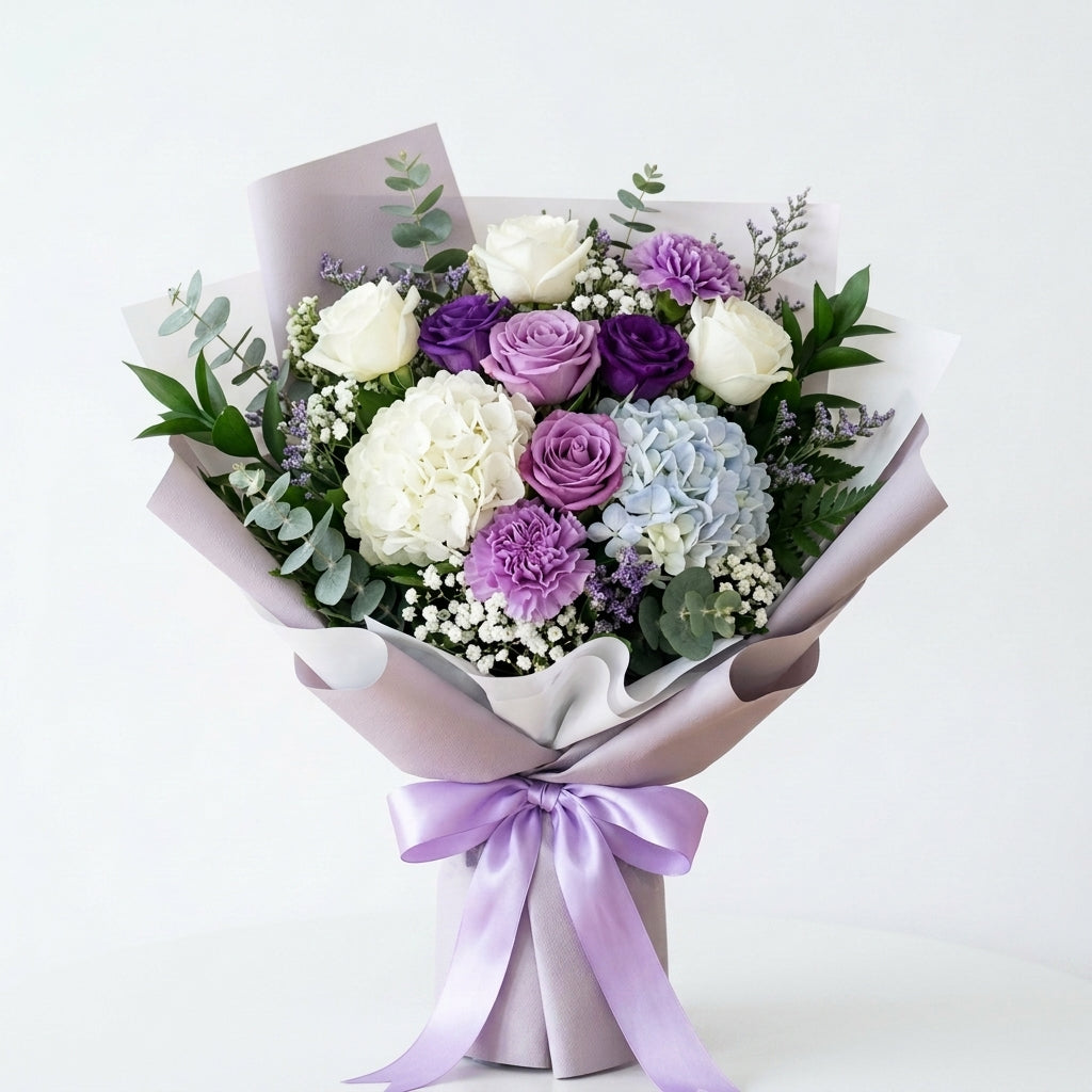 Corporate White & Purple Roses with Hydrangea Bouquet