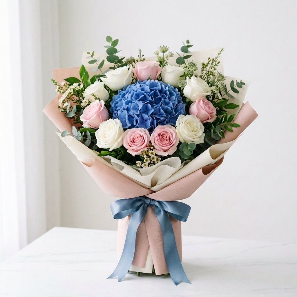 Teacher’s Day Elegant Pink & White Roses with Blue Hydrangea Bouquet