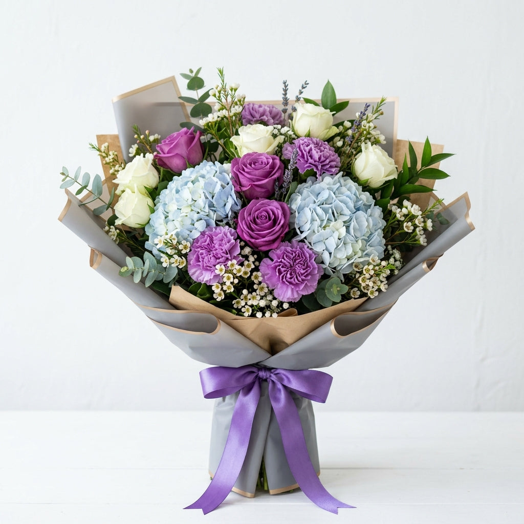 Teacher’s Day White & Purple Roses with Blue Hydrangeas Bouquet